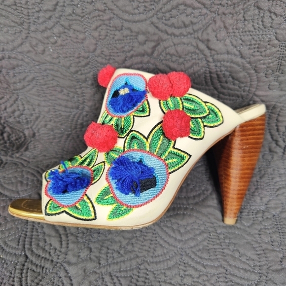 Tory Burch Multicolor Christmas Embroidered Leather Ellis Peep Toe Heel Mule 10M - Picture 2 of 11